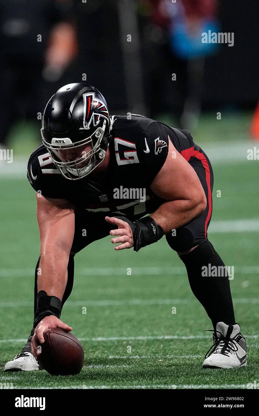 Atlanta Falcons center Drew Dalman (67) works against the Indianapolis