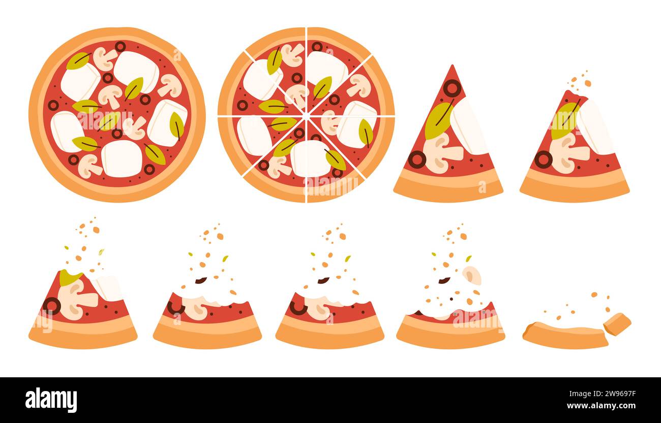 Eaten pizza set of animation sequence. Whole round pie with tomato