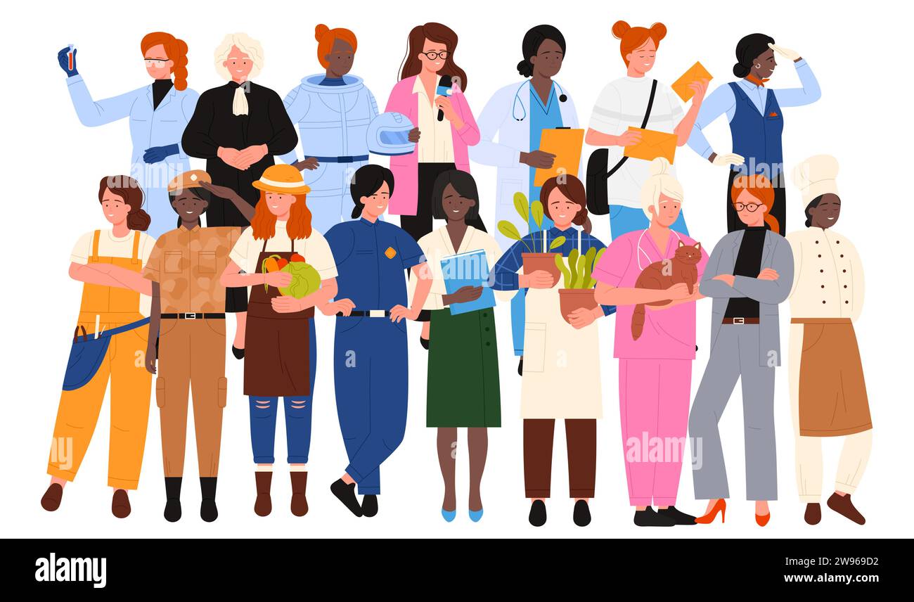 Women of different professions crowd vector illustration. Cartoon isolated many girls in professional clothes standing, woman judge and scientist, driver and flight attendant, astronaut and ceramist Stock Vector