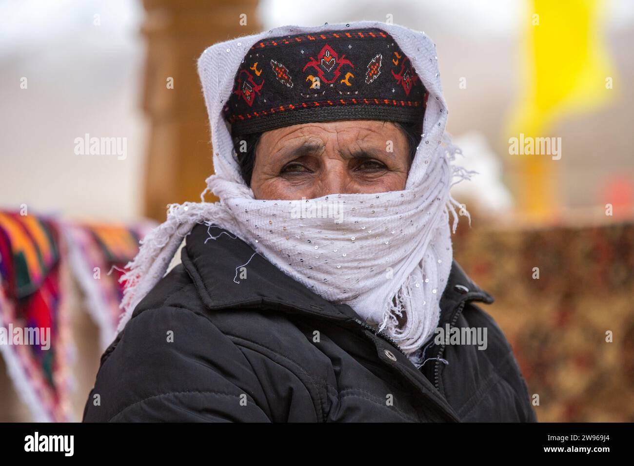 Tashkurgan, China. 20th March, 2016. Tajik woman wearing a traditional