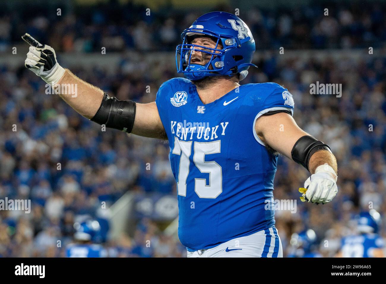 Kentucky offensive lineman Eli Cox reacts to Kentucky scoring during the Kentucky vs. Akron football game on Saturday, Sept. 16, 2023, at Kroger Field Stock Photo