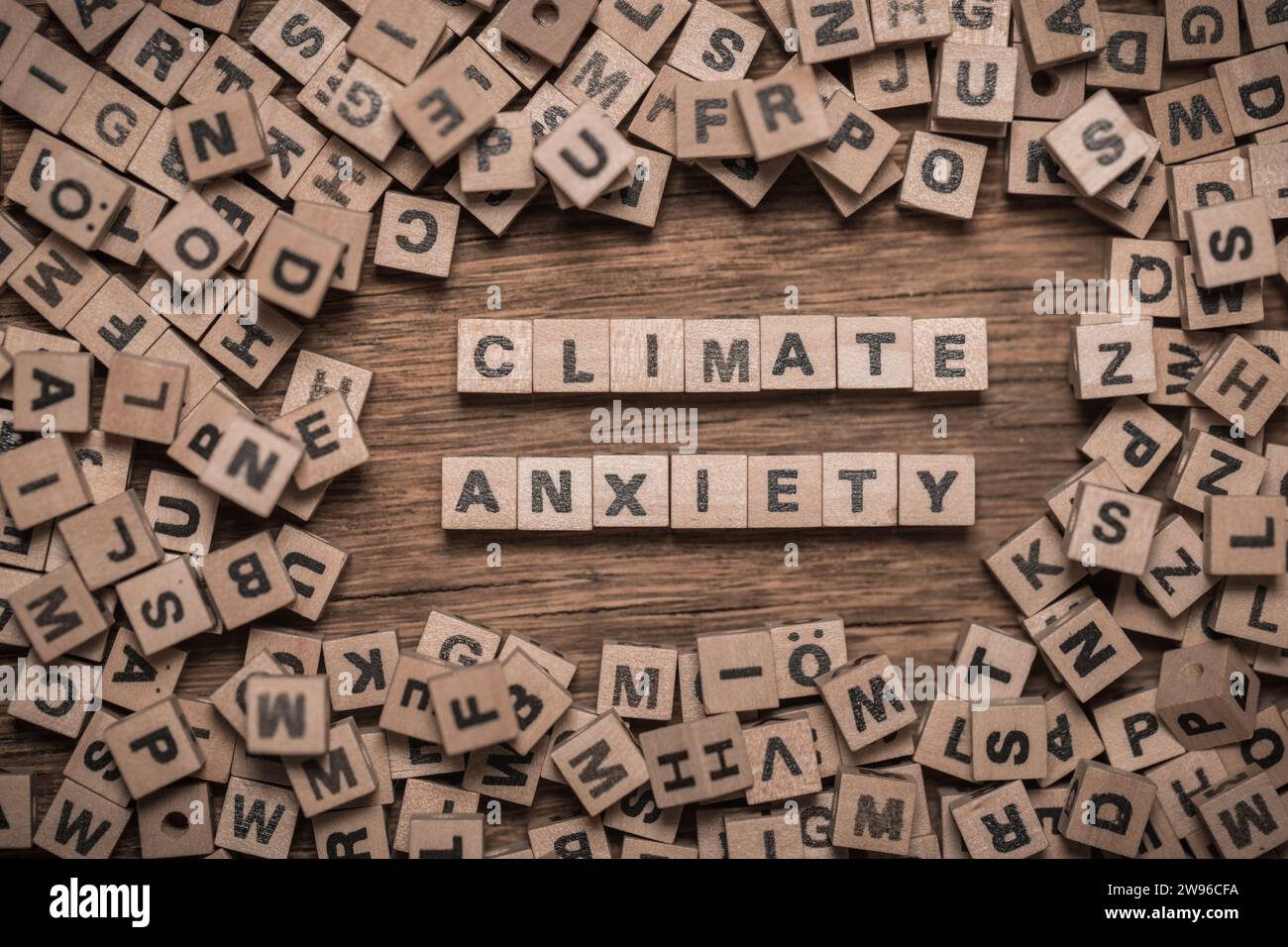 Climate panic symbol, Words climate anxiety made of scattered letters. Conceptual slogan, fear of climate change Stock Photo