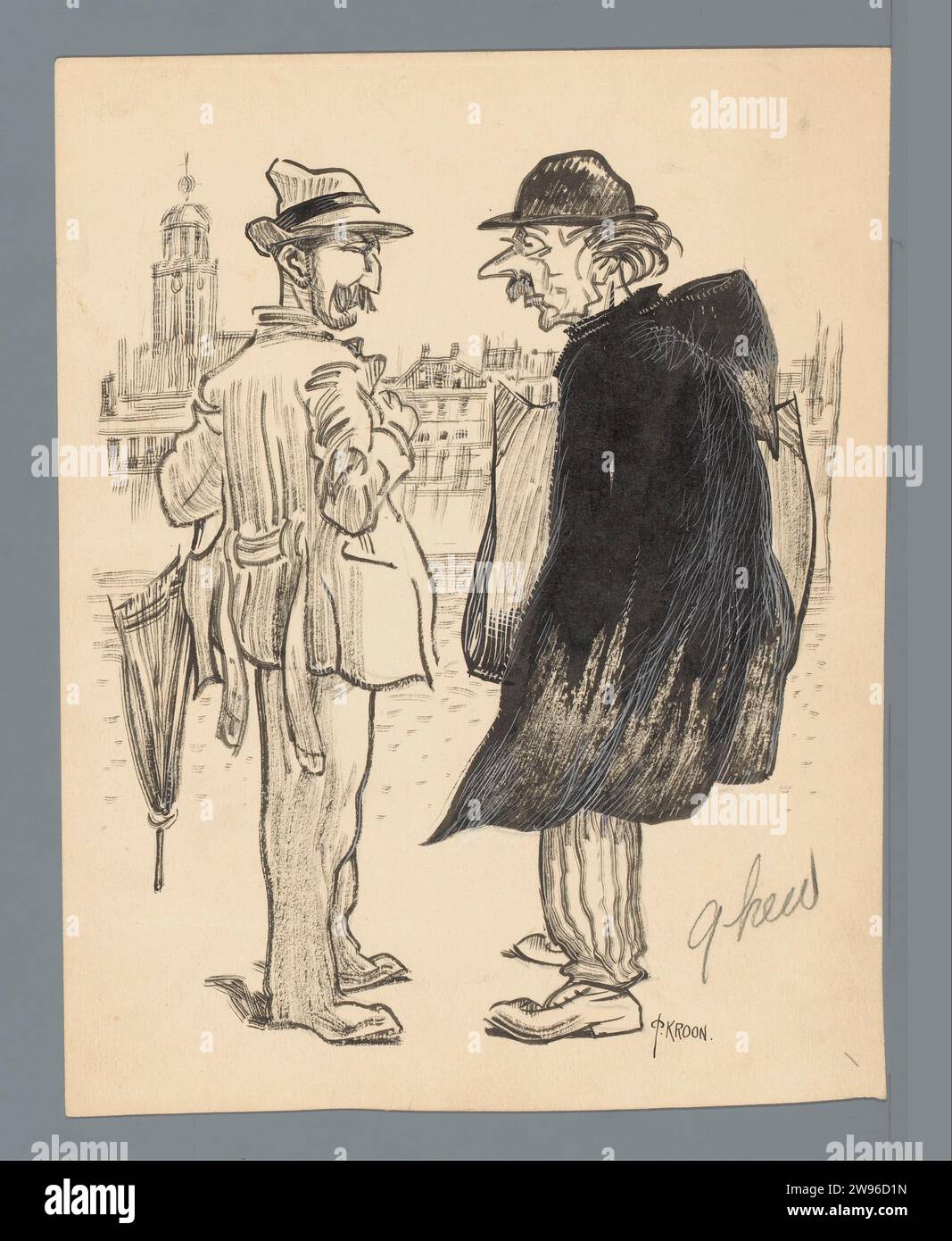 Two men on the street, Patricq Kroon, 1900 - 1940 drawing Two men talk to each other on the street. The man on the right has a print folder under his arm, and may be an artist. Design for a cartoon in the newspaper. Netherlands paper pen / brush political caricatures and satires Stock Photo