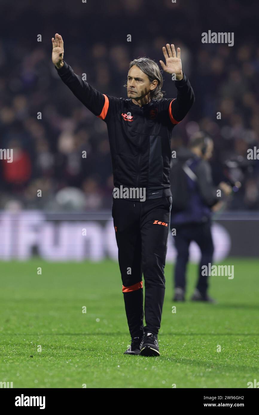 Salernitana's Italian coach Filippo Inzaghi gesticulate  during the Serie A football match between Unione Sportiva Salernitana vs AC Milan at the Arechi Stadium in Salerno on December 22, 2023. Stock Photo
