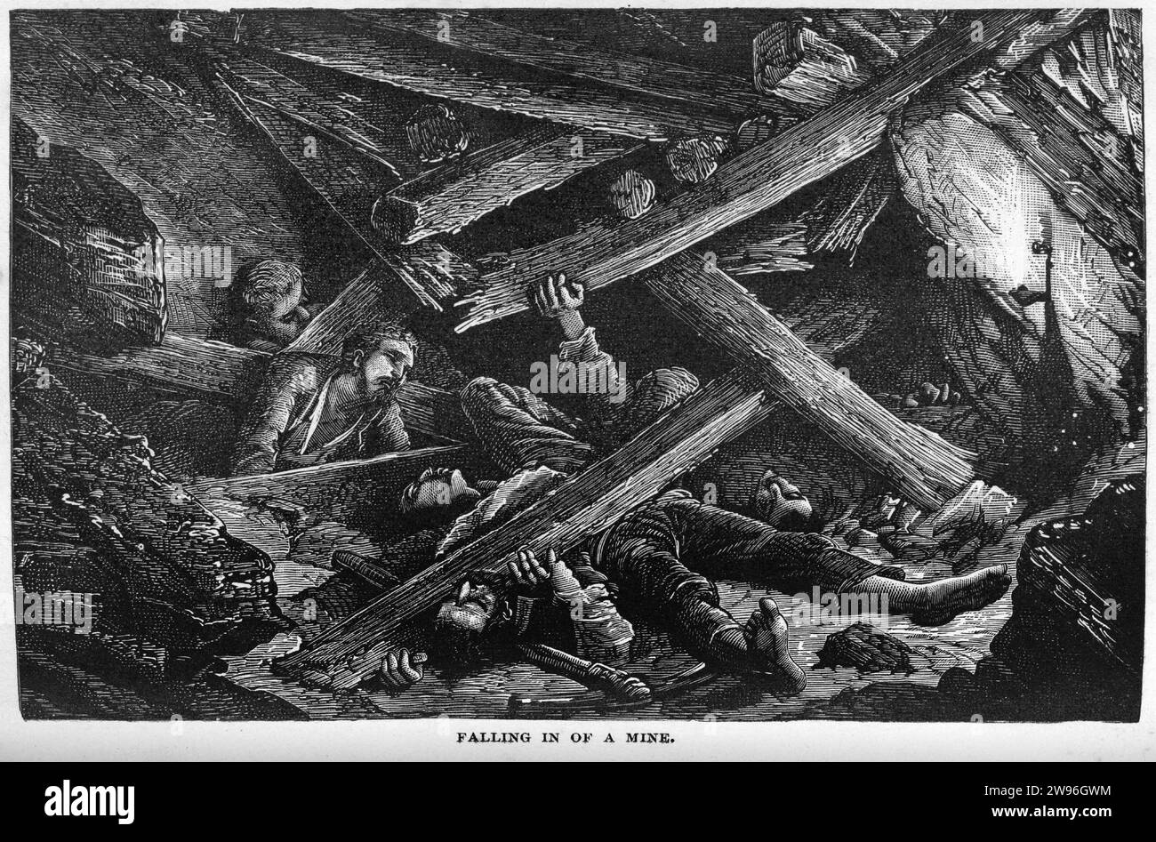 Engraving of  miners trapped in a cave-in, from The Underground World, circa 1878 Stock Photo