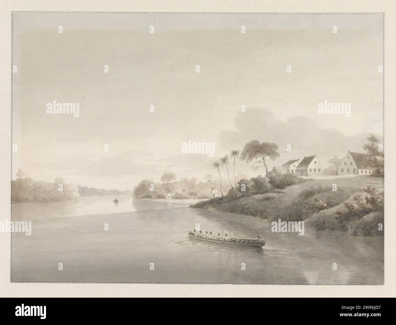 View of a number of houses on a river, possibly the Jewish Savannah, After 1849 - Before 1851 drawing View of a number of houses located on the river, possibly the Jewish Savannah. A tent boat sails on the river with a mate and six rowers. Further on the river, a pondo sails, a small cargo ship sealed with banana leaf. Paramaribo paper. ink pen / brush landscapes in tropical and sub-tropical regions Suriname. Jew Stock Photo