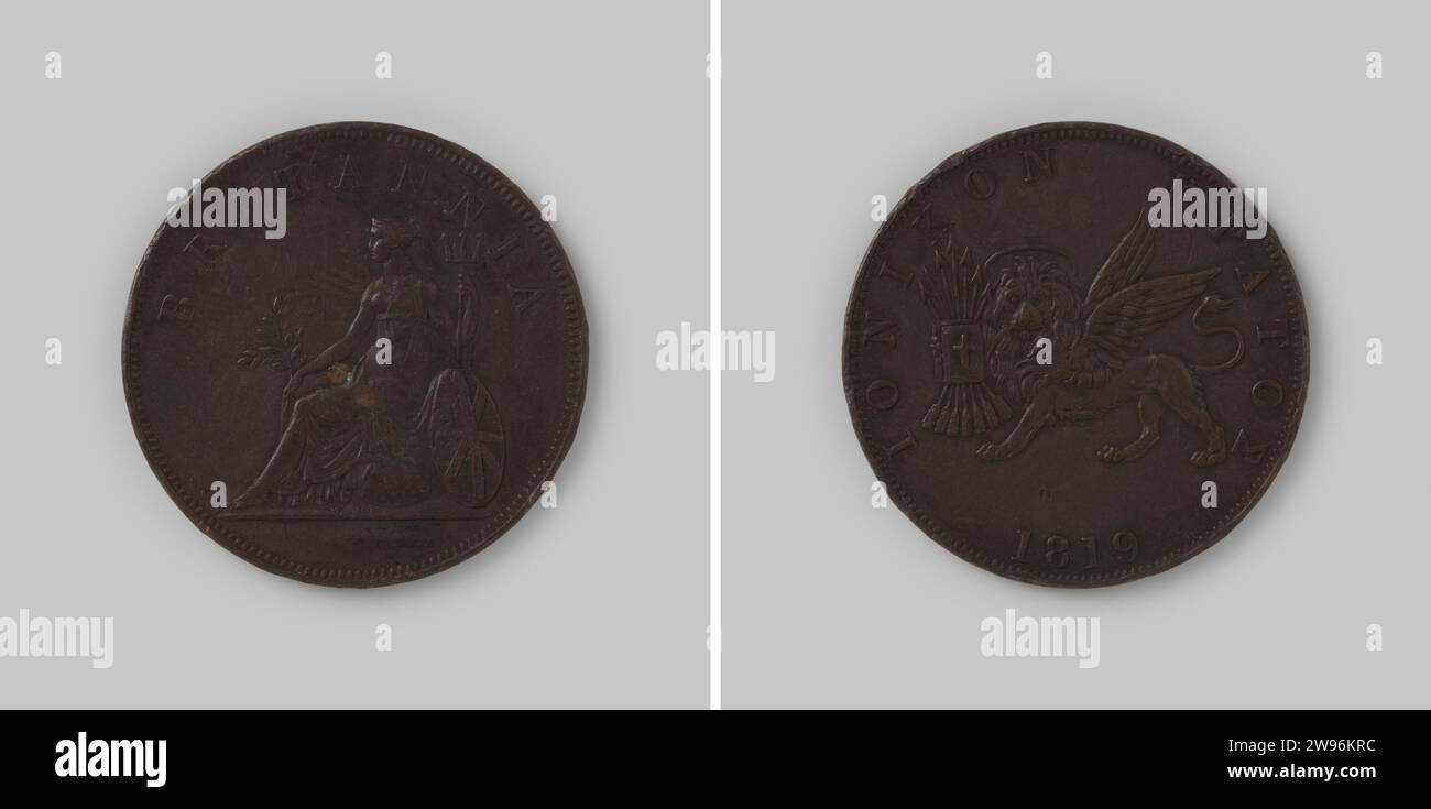 Penny or 2 Obols from the Ionian Islands under the rule of Great Britain, 1819 ,, 1819 coin Copper mint. Front: Brittannia to the left, seated on a rock, against which a shield, with a trident in her left hand and a branch in her right. Reverse: winged lion with the gospel in his right leg, surrounded by a bundle of arrows. Year at the bottom. Smooth edge.  copper (metal) striking (metalworking) Stock Photo