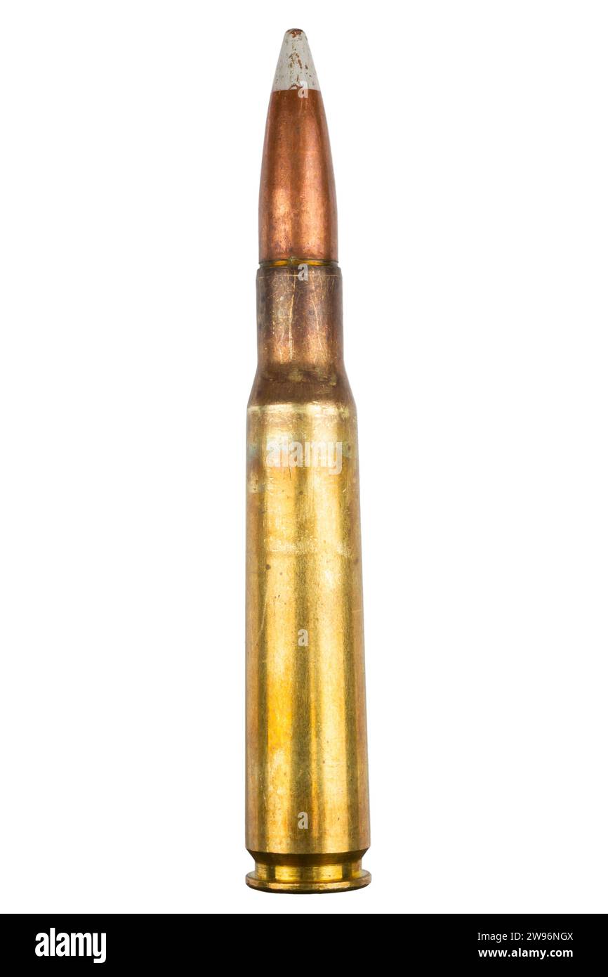 The .50 caliber Browning Machine Gun cartridge, also known as the .50 BMG cartridge. Isolated on white background. Stock Photo