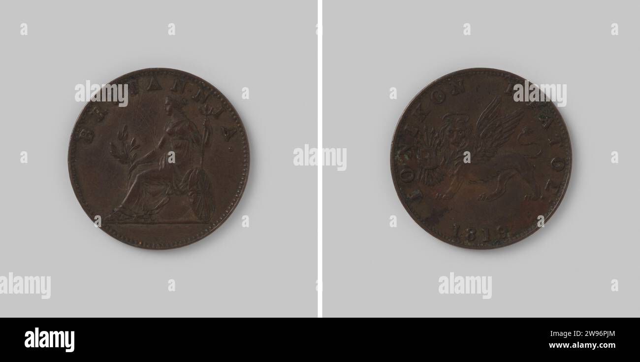 2 Lepta or ½ obool from the Ionian Islands under the rule of Great Britain, 1819 ,, 1819 coin Copper mint. Front: Brittannia to the left, seated on a rock, against which a shield, with a trident in her left hand and a branch in her right. Reverse: winged lion with the gospel in his right leg, surrounded by a bundle of arrows. Year at the bottom. Smooth edge.  copper (metal) striking (metalworking) Stock Photo