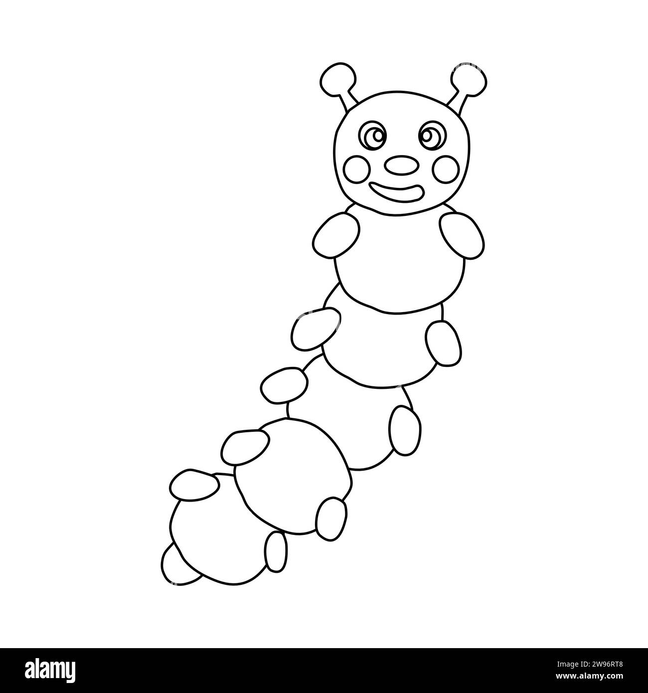 Cheerful caterpillar cartoon character, doodle style flat vector outline illustration for kids coloring book Stock Vector