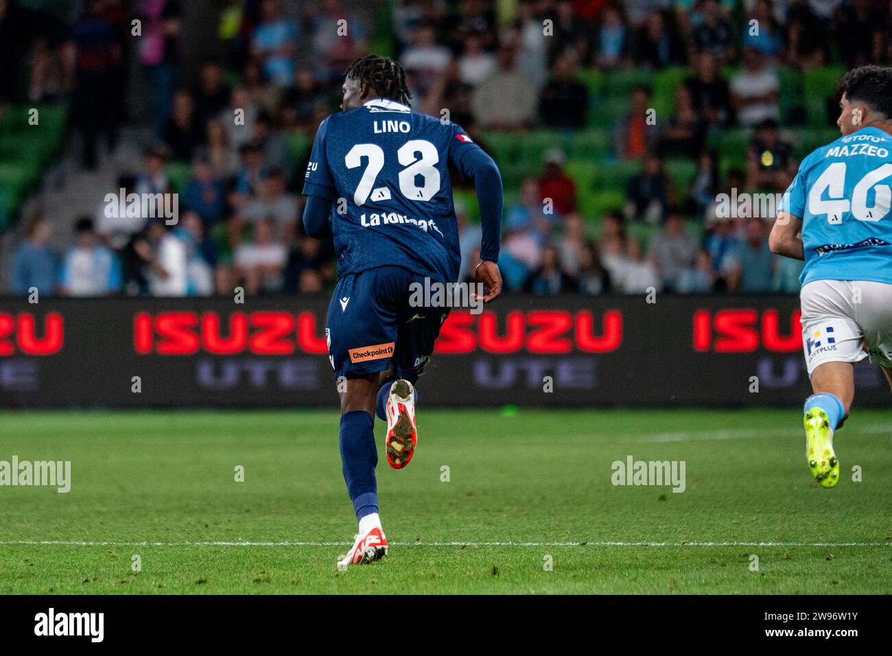 Melbourne, Australia. 23 December, 2023. Melbourne Victory FC Midfielder Franco Lino (#28) runs back into position to defend the upcoming counter attack during the Isuzu UTE A-League match between Melbourne City FC and Melbourne Victory FC at AAMI Park in Melbourne, Australia. Credit: James Forrester/Alamy Live News Stock Photo