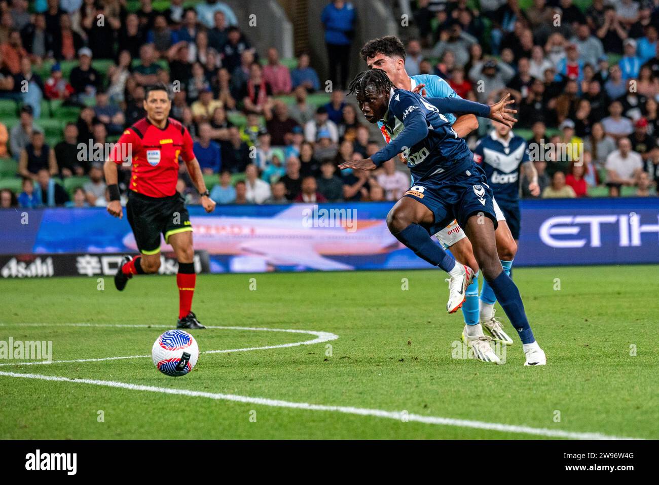 Melbourne, Australia. 23 December, 2023. Melbourne Victory FC Midfielder Franco Lino (#28) takes a shot at goal from outside the box during the Isuzu UTE A-League match between Melbourne City FC and Melbourne Victory FC at AAMI Park in Melbourne, Australia. Credit: James Forrester/Alamy Live News Stock Photo