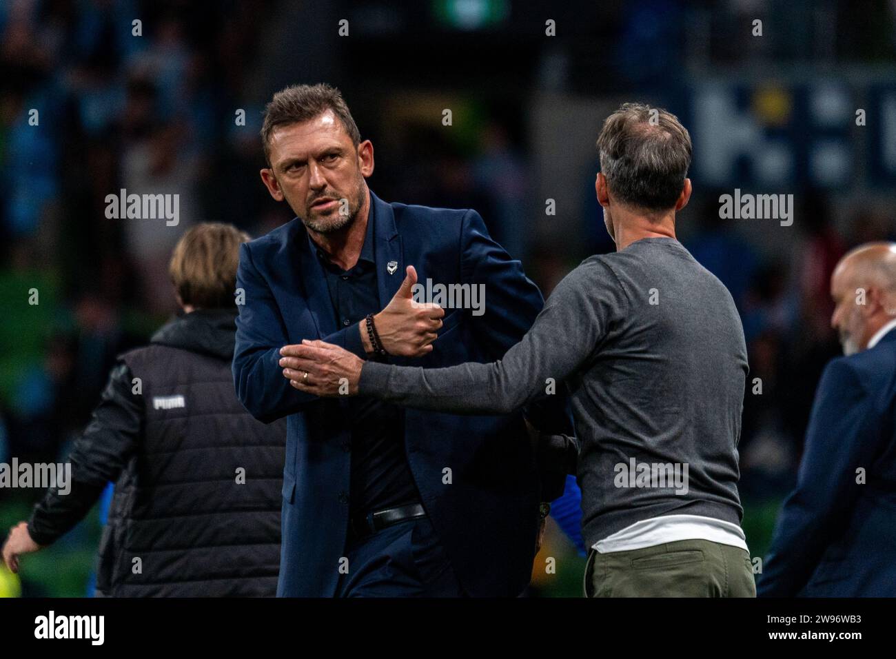 Melbourne, Australia. 23 December, 2023. Melbourne Victory FC Head Coach Tony Popovic gives the thumbs up to his opposing team at the conclusion of the Isuzu UTE A-League match between Melbourne City FC and Melbourne Victory FC at AAMI Park in Melbourne, Australia. Credit: James Forrester/Alamy Live News Stock Photo