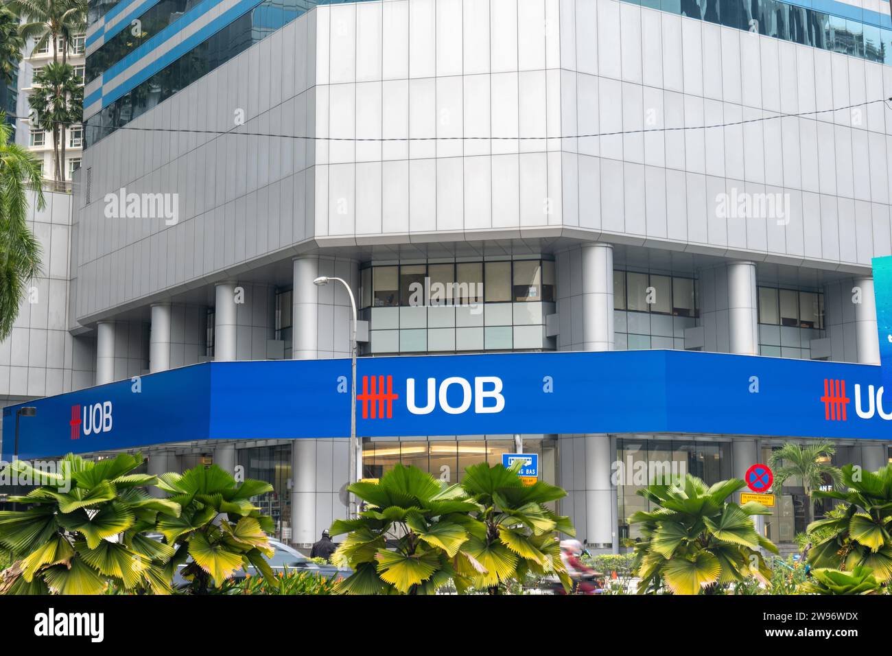 Kuala Lumpur, Malaysia - 09.13.2023: UOB United Overseas Bank branch with logo. UOB United Overseas Bank is a major banking organisation headquartered in Singapore founded in 1935.  Stock Photo