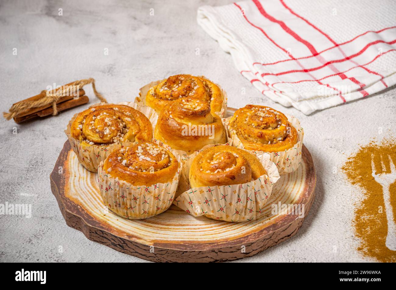 Cinnamon roll buns Kanelbulle traditional Swedish dessert Stock Photo