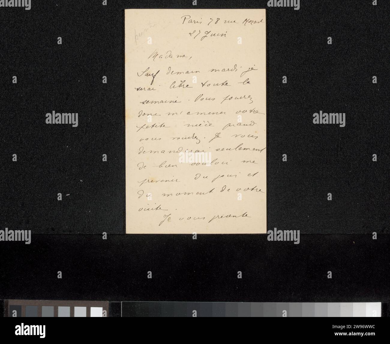 Letter to Anonymous, 1886 - 1928 letter Dated 27 June XXXX. Letter possibly addressed to Henriette Wilhelmina van Baak (Mrs. Zilcken). Paris paper. ink writing (processes) / pen Stock Photo