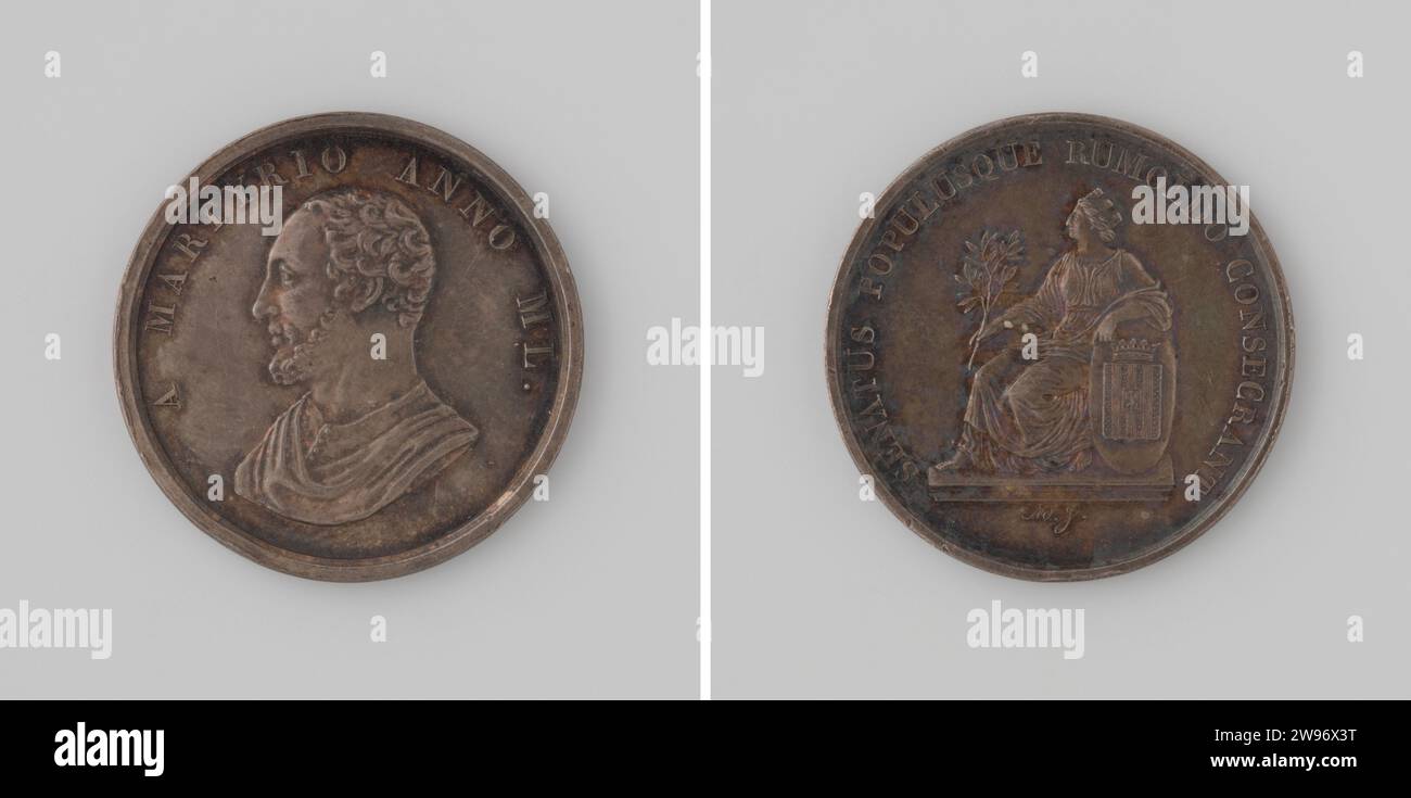 Thousand fifty -year -old celebration of the martyrdom of St. Rumoldus, pattern of the city of Mechelen, Adolphe Jouvenel, 1825 history medal Bronze medal. Front: breastpiece man inside change. Reverse: Crowned woman with olive branch and coat of arms within the shift; Cut: signature. Belgium bronze (metal) striking (metalworking)  Mechelen Stock Photo