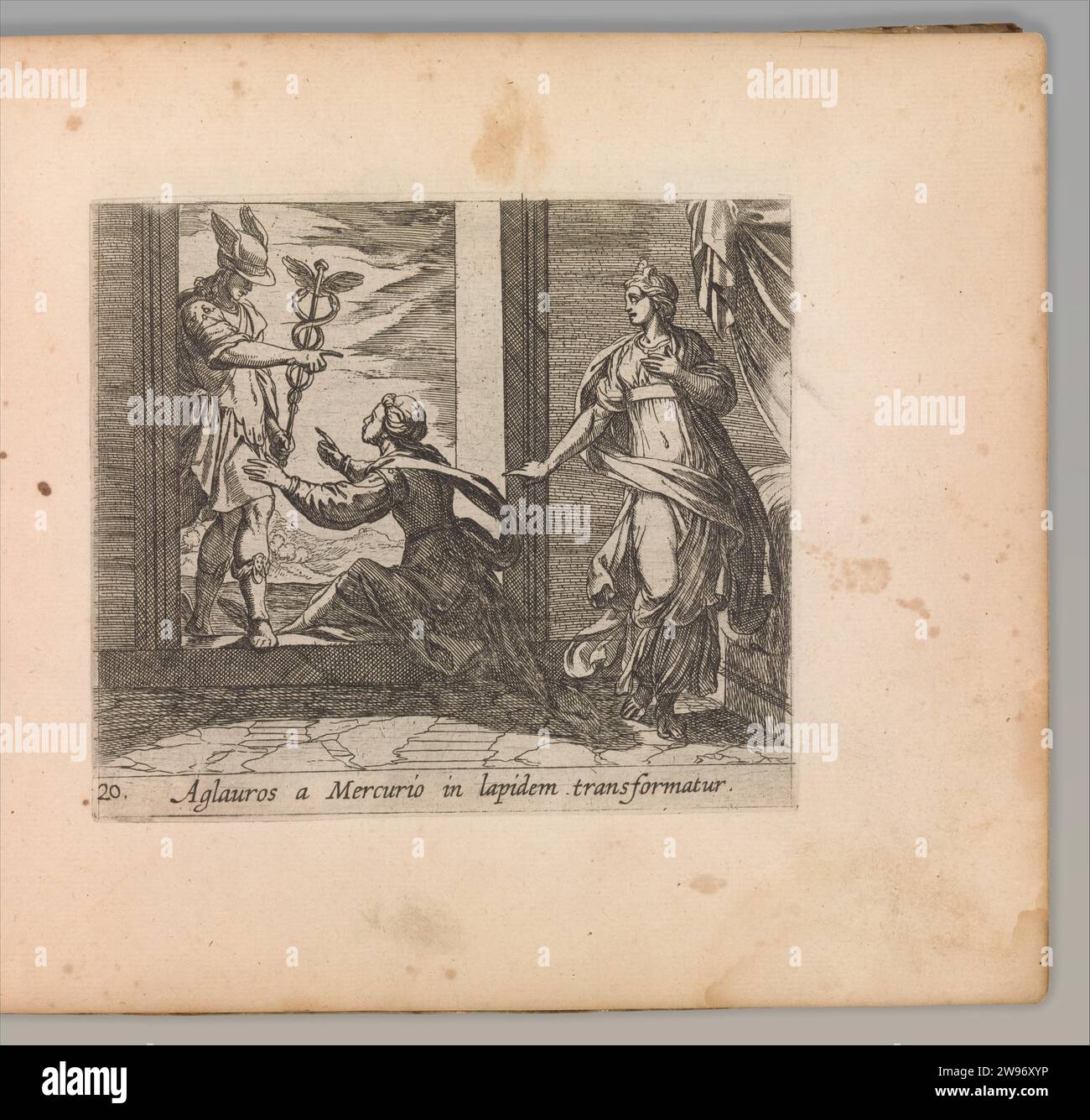 Mercury Turning Aglauros to Stone (Aglauros a Mercurio in lapidem transformatur), from The Metamorphoses of Ovid (Metamorphosean Sive Transformationum), plate 20 1935 by Willem Jansz. Stock Photo
