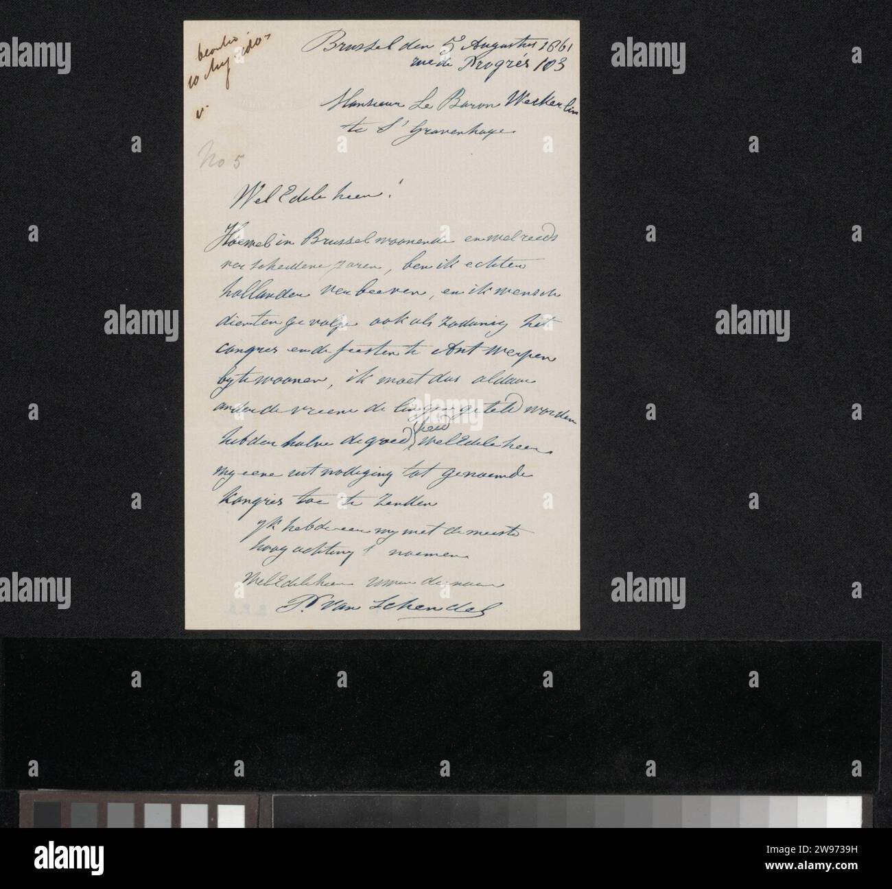 Letter to Wilhelm Carl Albert Weckherlin, Petrus van Schendel, 1861 letter  Brussels paper. ink writing (processes) / pen  Brussels. Antwerp Stock Photo