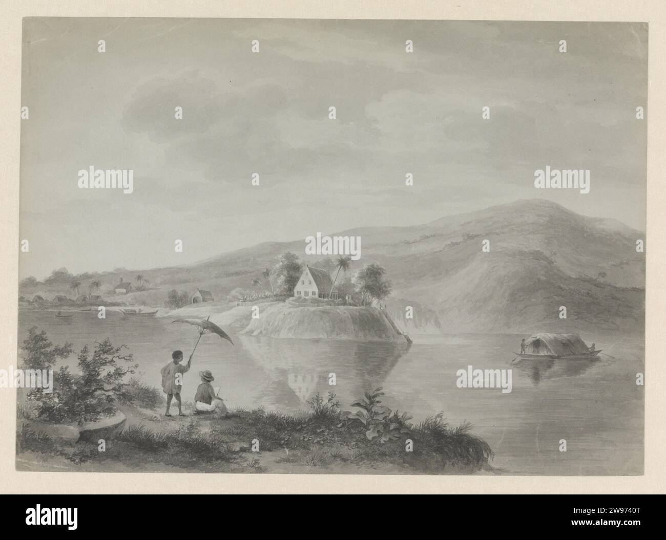 View of a river with a few houses, possibly mountain and valley, after 1849 - Before 1851 drawing View on a river with a few houses and other plantation buildings across the street. In the foreground, a draftsman is working while a man made a slave holds a parasol over his head. Perhaps Huygens has depicted himself here. A pondo sails on the river, a small cargo ship with a roof of banana leaves. Possibly Berg en Dal has been presented here. Paramaribo paper  slavery; serfs and the enslaved. plantation Suriname. Plantation Berg en Dal Stock Photo