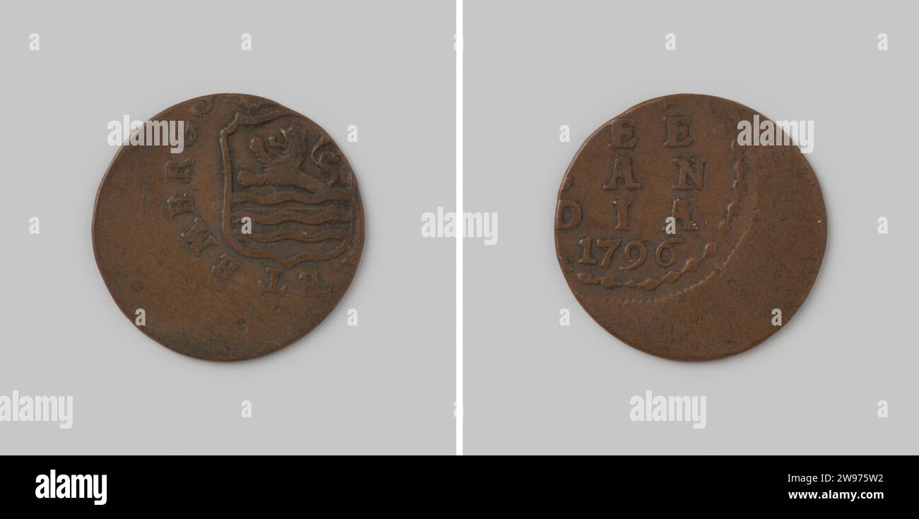 Dang of the Batavian Republic in the name of Zeeland, 1796, Misslag, Batavian Republic, 1796 coin Copper mint. Front: part of crowned, sideways dented coat of arms of Zeeland with a part of disposition. Reverse: in a part of a wreath partially inscription in three lines, including year. Middelburg copper (metal) striking (metalworking) Stock Photo