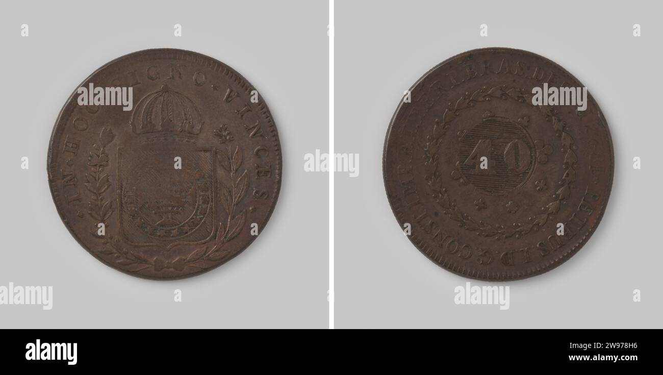 40 Journey of the Empire Brazil of D. Pedro I, 1827 ,, 1827 coin Copper mint. Front: between two bound branches crowned coat of arms of Brazil. Rail side: Inside the circle of flowers no longer visible value designation: 80, on which a circular knock with new value designation: 40 is applied in a horizontally shaded field. In the change under the year with the right of it letter R [= rio]. Cartel edge. Rio de Janeiro copper (metal) striking (metalworking) Stock Photo