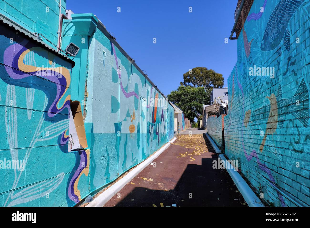 Perth: “A Whadjuk Tale” indigenous mural along Kaadadjiny Lane off Beaufort Street in Vincent, Perth, Western Australia Stock Photo