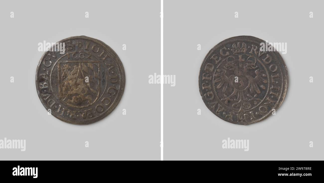 3 cruisers Uit Palts-Zweibrücken van Johann I, 1602 ,, 1602 coin Silver coin. Front: composite coat of arms, above which year. Reverse: Crowned double -headed eagle with on chest number 3 inside circle.  silver (metal) striking (metalworking) Stock Photo