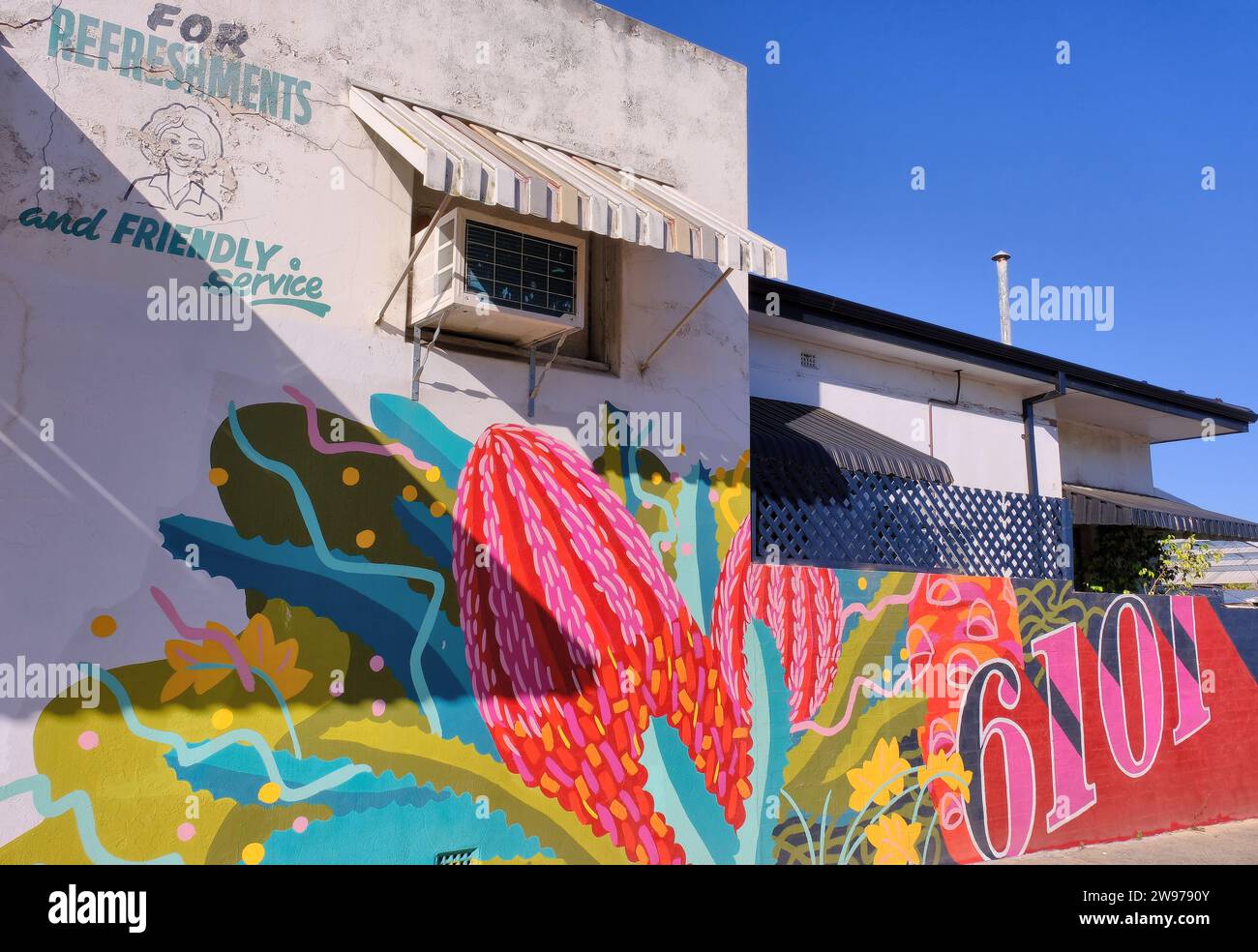 Perth Colourful wall art on old former disused deli corner shop on Balmoral Street and Berwick
