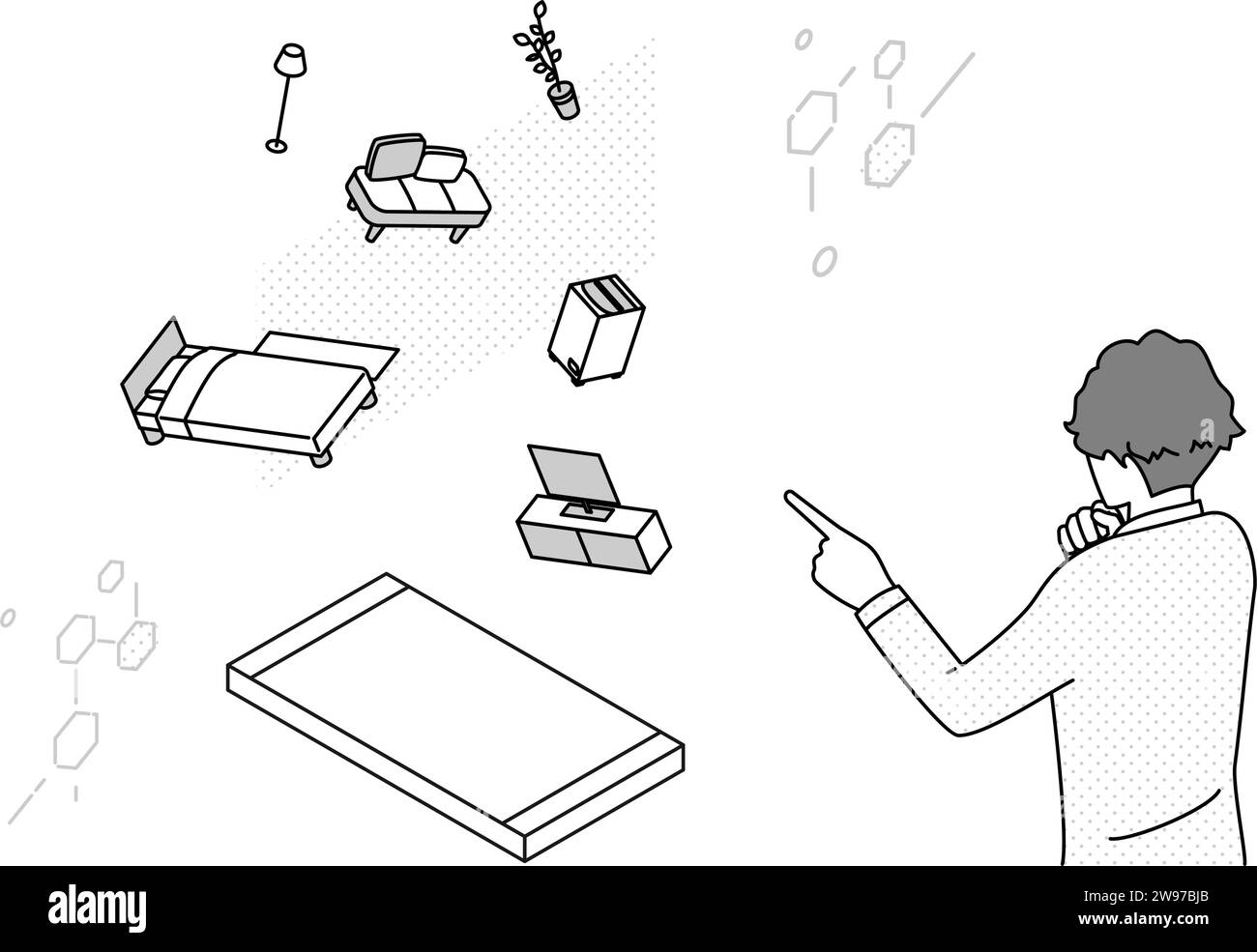 Image of DX, man using AR app to place furniture in consideration of moving, Vector Illustration Stock Vector