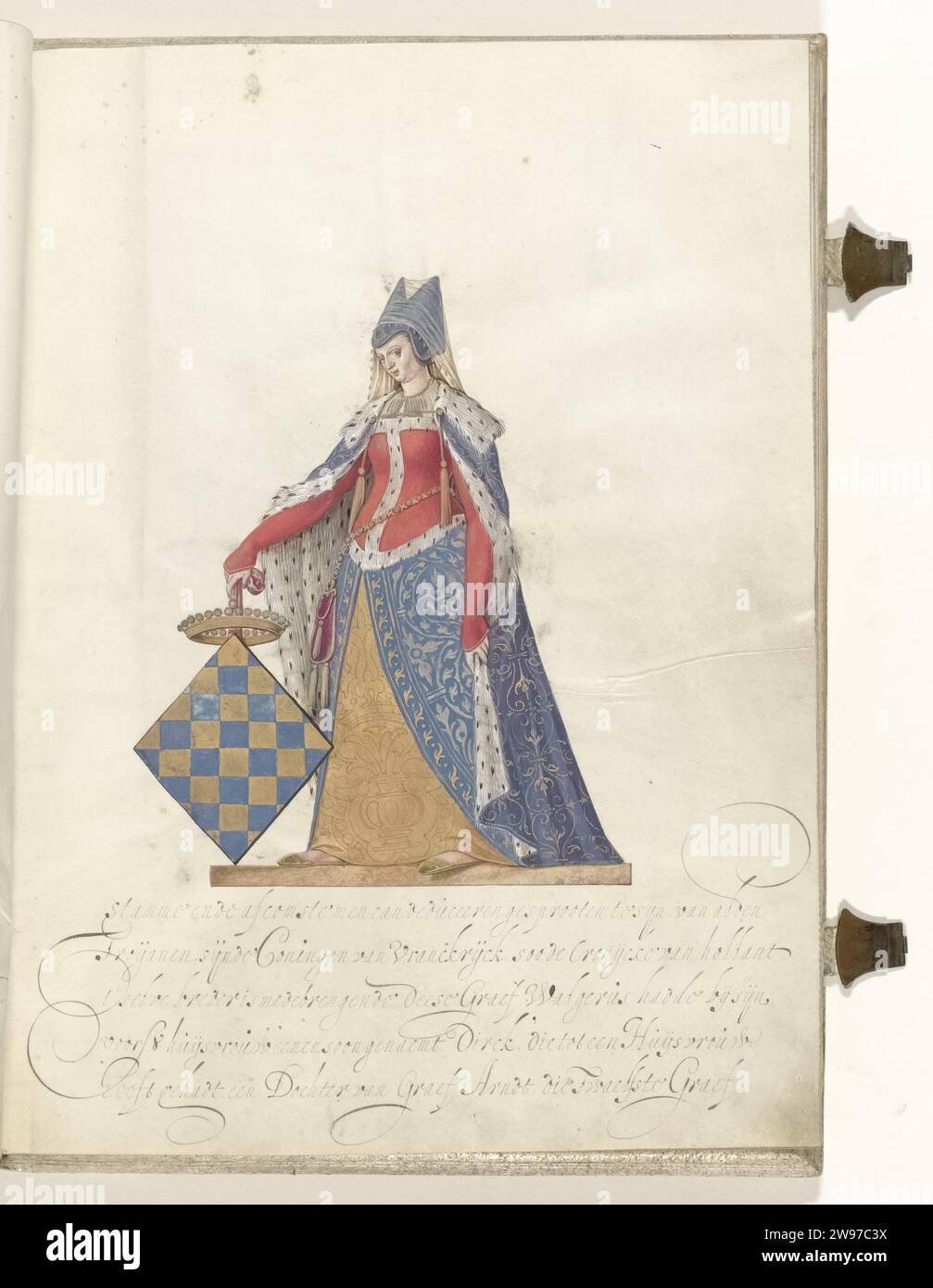 Countess of Teisterbant, Nicolaes de Kemp (attributed to), c. 1600 - c. 1625 drawing Countess of Teisterbant, wife of Boudewijn Graaf van Teisterbant. She was the daughter of the count of Vermandois. Standing back with the weapon of Vermandois. Part of illustrated handwriting with the genealogy of the gentlemen and graves of Culemborg. Northern Netherlands parchment (animal material). ink. watercolor (paint). gouache (paint) painting / writing (processes)  Culemborg Stock Photo