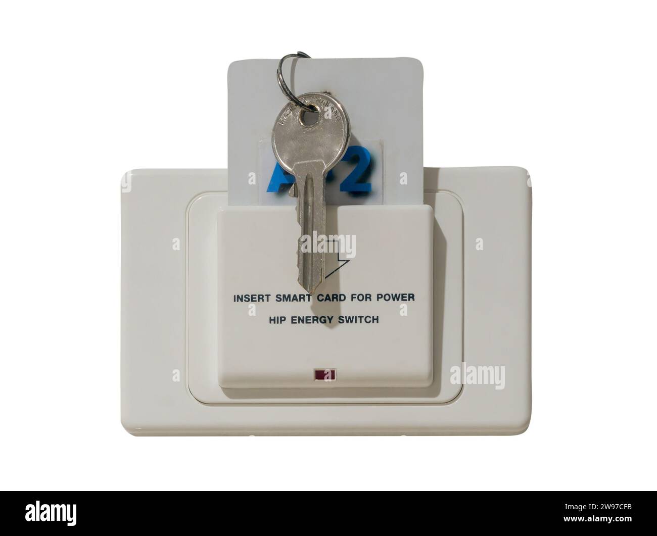 Smart card with key is inserted into white socket with text reading Insert smart card for power installed on white wall in luxurious hotel or resort r Stock Photo