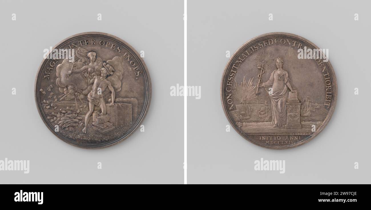 Start of the year 1764, Johan George Holtzhey, 1764  Silver medal. Front: Peace, depicted as a woman with olive branch in hand, covered by clouds, lifts winged hat of the head of Mercury, who with knee rests in the pipeline, and points it to the four winds blowing the pile of paper away in the change. Reverside: man in Roman clothing with heart on ribbon hanging around his neck and in his hand a scepter with a radiant eye on it, wounded by snake, leaning on a column, of which the base is decorated with oakkrans; In the background of ships on sea and rising sun in change; Cut: Inscription Amste Stock Photo