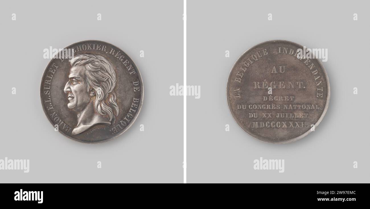Resignation of Baron Surlet de Chokier as regent of Belgium, told in the name of the National Congress, Julien Gabriel Leclercq, 1831 history medal Silver medal. Front: breastpiece man inside change. Reverse: inscription inside Omnipia.  silver (metal) striking (metalworking)  Brussels Stock Photo