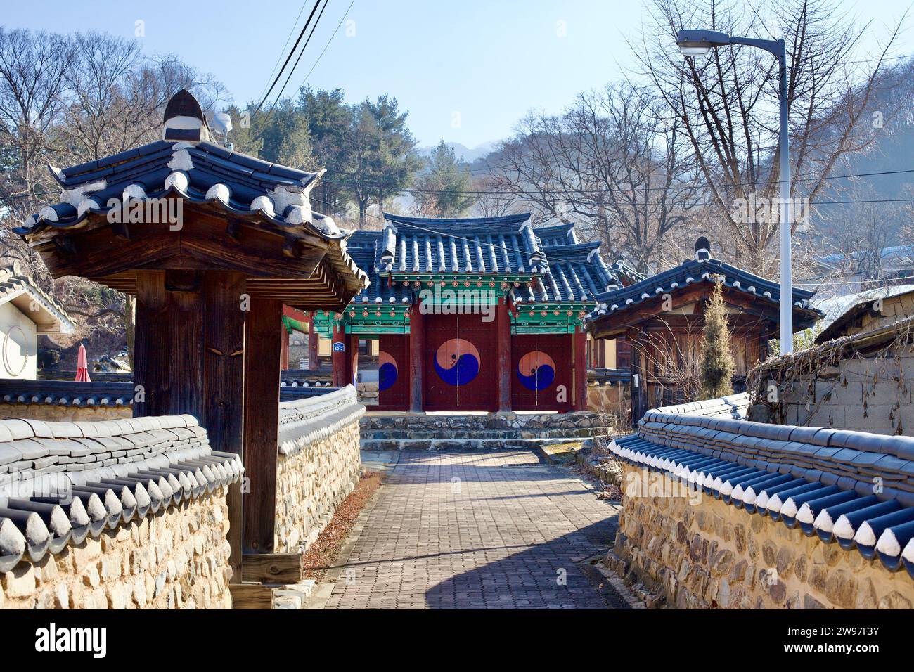 Goesan County, South Korea - February 10th, 2021: The ancient Yeonpung Hanggyo, a traditional hyanggyo built in 1515, displaying its restored main hal Stock Photo