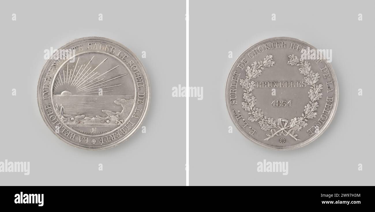 Baron Surlet de Chokier, voted regent of Belgium by the National Congress, Adrien Hippolyte Veyrat, 1831 history medal Silver medal. Front: rising sun shines Belgian coast within Kerschrift; Cut: signature interrupted by lion with freedom staff. Reverse: inscription within Eikekrans and Dischanging. Brussels silver (metal) striking (metalworking)  Brussels Stock Photo