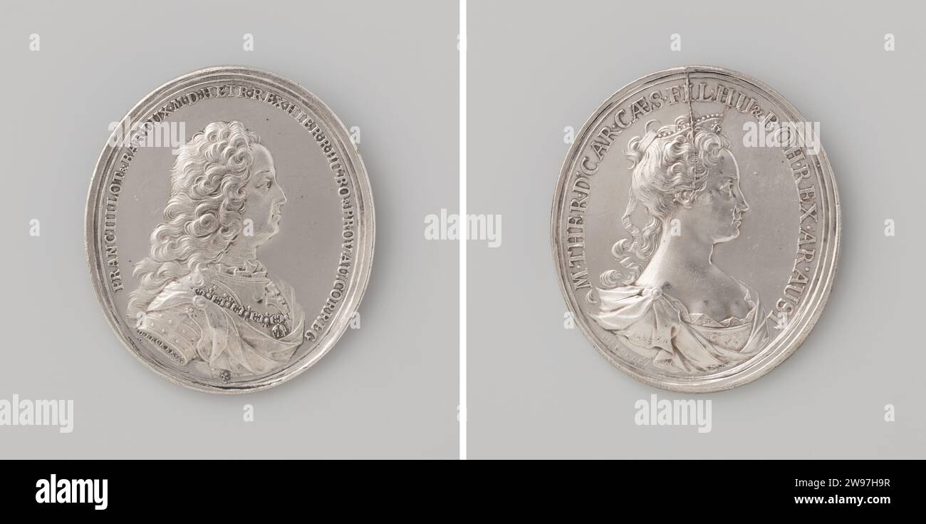 Frans III Stephanus, Duke of Lorraine appointed as a co -regent of Austria, Philipp Christoph Becker, 1740 history medal Silver oval medal. Front: breastpiece Woman with diadem inside Cover. Reverse: Bestpiece Man Inside Cover  silver (metal) striking (metalworking) Stock Photo