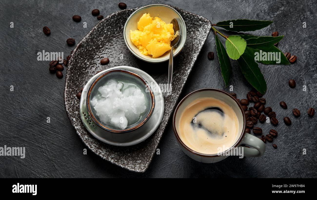 Bulletproof keto coffee. Ketogenic diet. Hot dring with coconut oil and