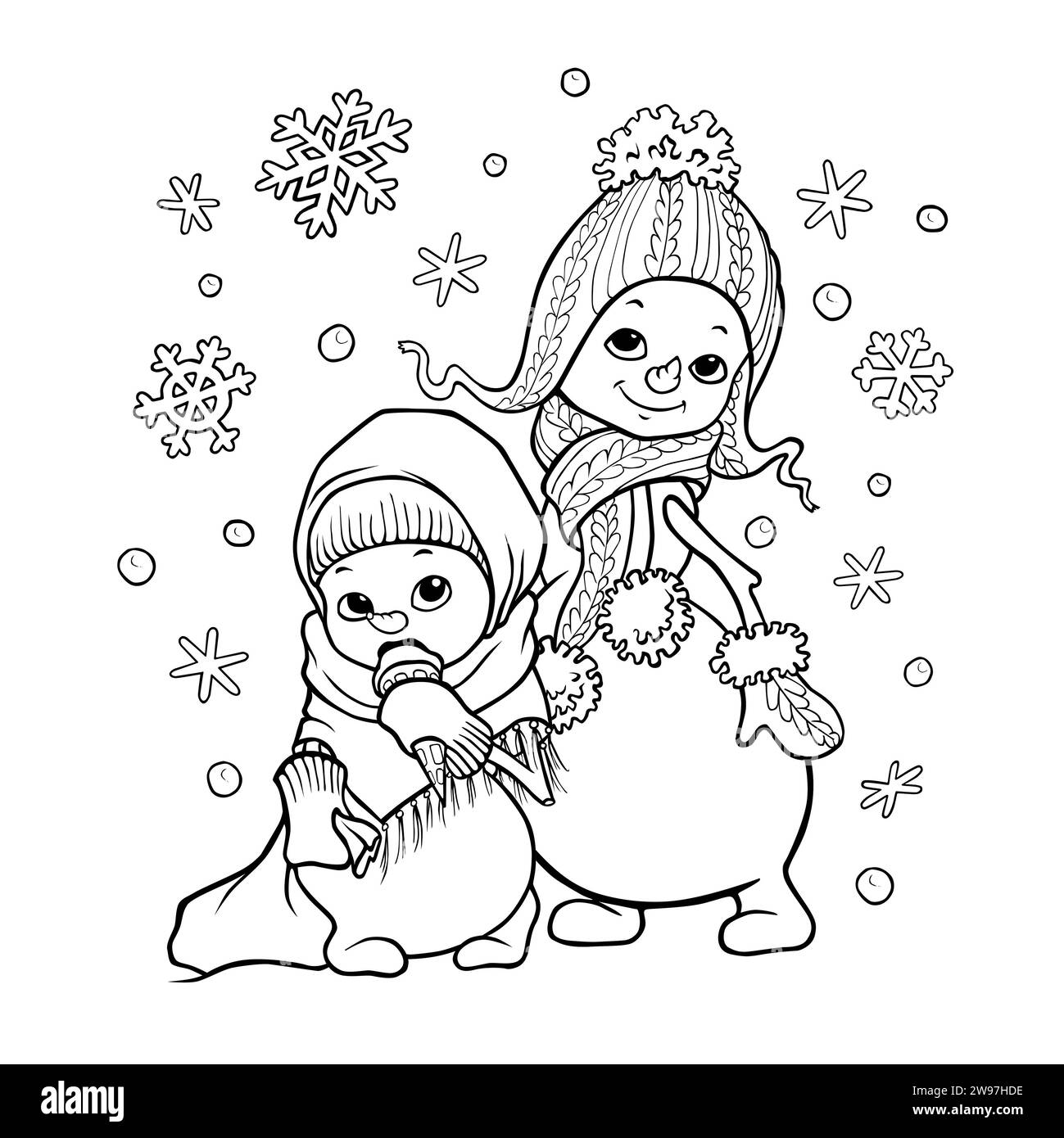 Hand drawn coloring page with two cute cartoon snowmen girls in knitted hats and mittens surrounded by snowflakes. Stock Photo