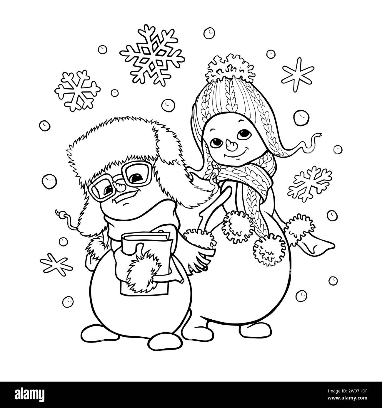 Hand drawn coloring page with two cute cartoon snowmen characters in warm winter clothes surrounded by snowflakes. Stock Photo