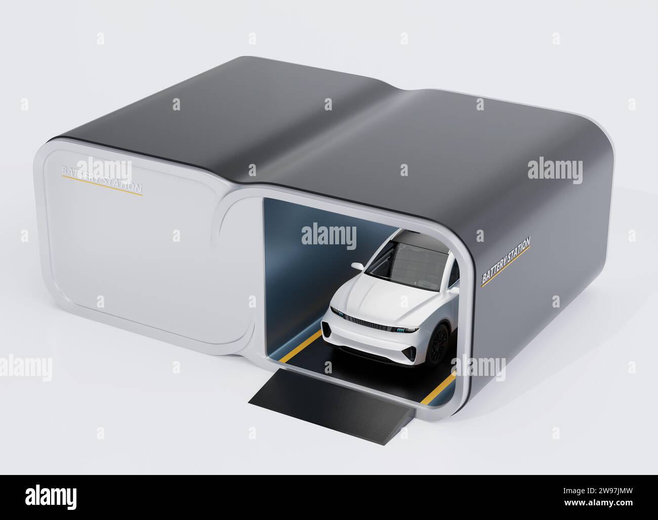 White Electric SUV swapping battery pack in the Battery Swap Station. Generic design. 3D rendering image. Stock Photo