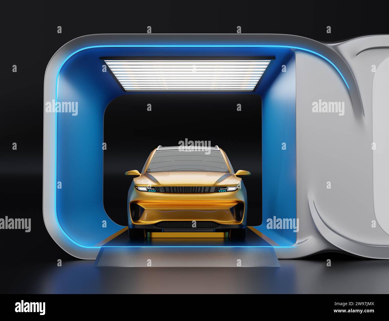 Close-up view of yellow Electric SUV swapping battery pack in the Battery Swap Station. Generic design. 3D rendering image. Stock Photo