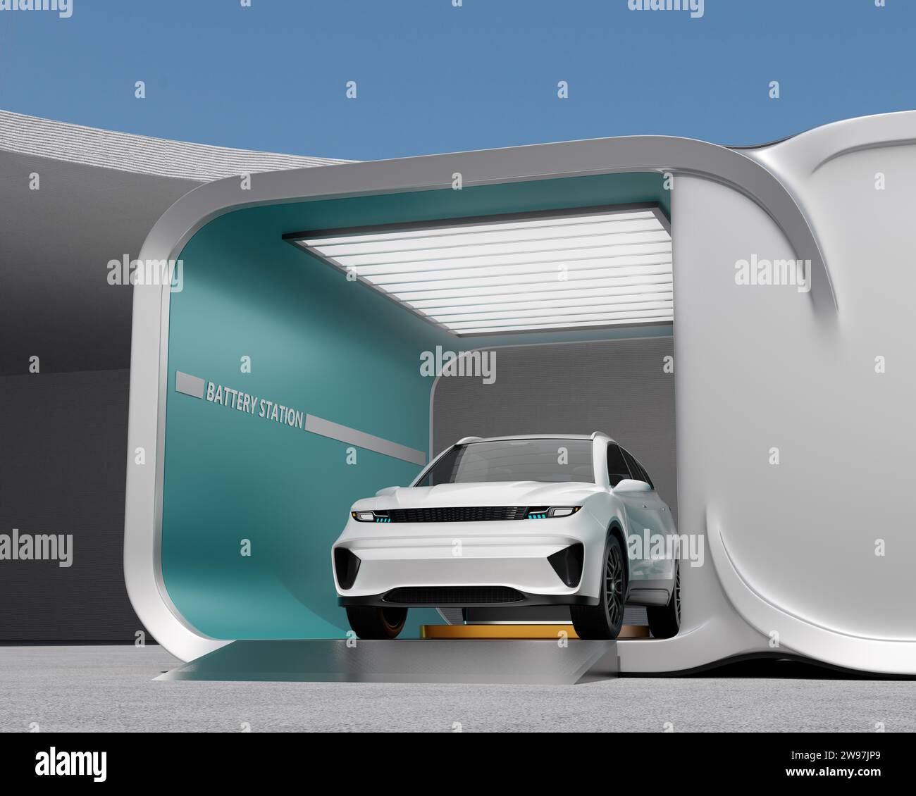 Closeup view of white Electric SUV swapping battery pack in the