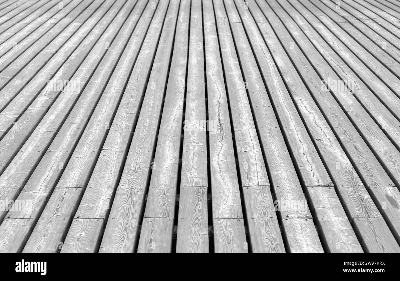 Wooden flooring perspective view, background photo texture, black and white Stock Photo