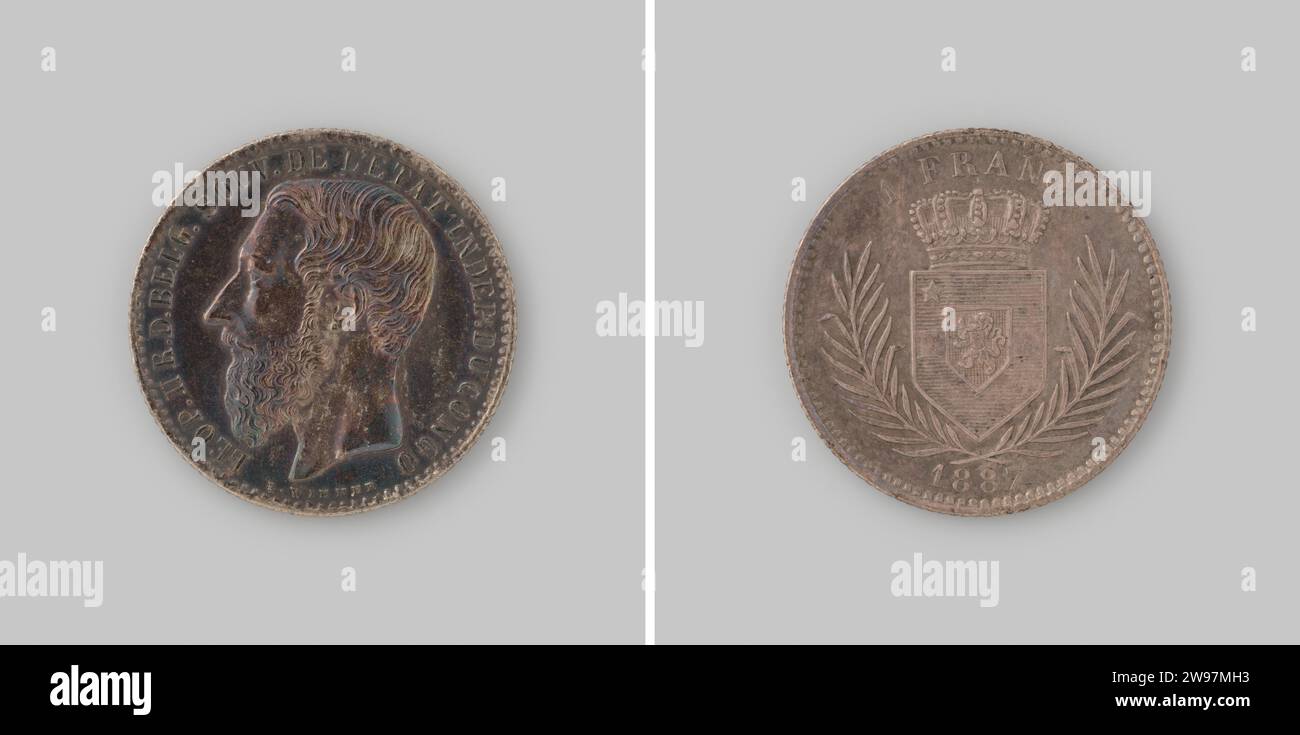 Franc from Congo Free State of the Belgian King Leopold II as sovereign, 1887 ,, 1887 coin Silver coin. Front: head of the sovereign to the left. Reverse: between two bound branches crowned coat of arms. Value designation in the opposite and year's change.  silver (metal) striking (metalworking) Stock Photo