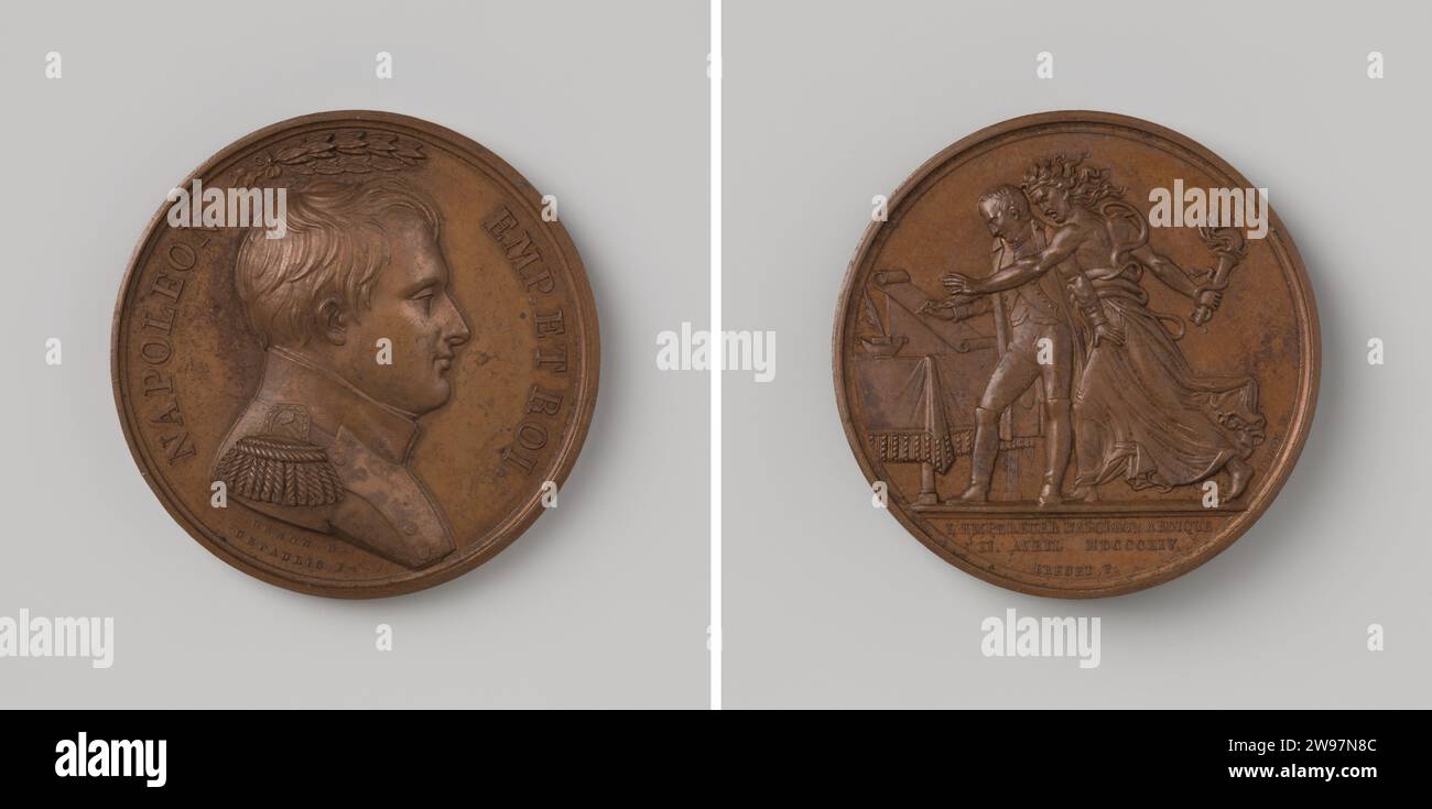 Abdication of Napoleon I Bonaparte, Emperor of the French, Alexis Joseph Depaulis, 1814 history medal Bronze medal. Front: breastpiece man under laurel wreath inside. Downside: Napoleon standing in front of the table, on which piece of paper and ink set stand, behind him envy with torch in hand; Cut: Inscription. Paris bronze (metal) striking (metalworking)  Fontainebleau. Elba Stock Photo