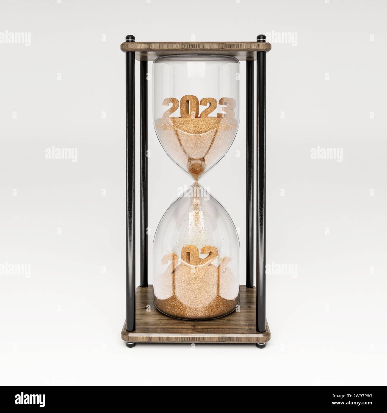 Sand watch 2025. Happy New Year. Greeting card template. 3D rendering