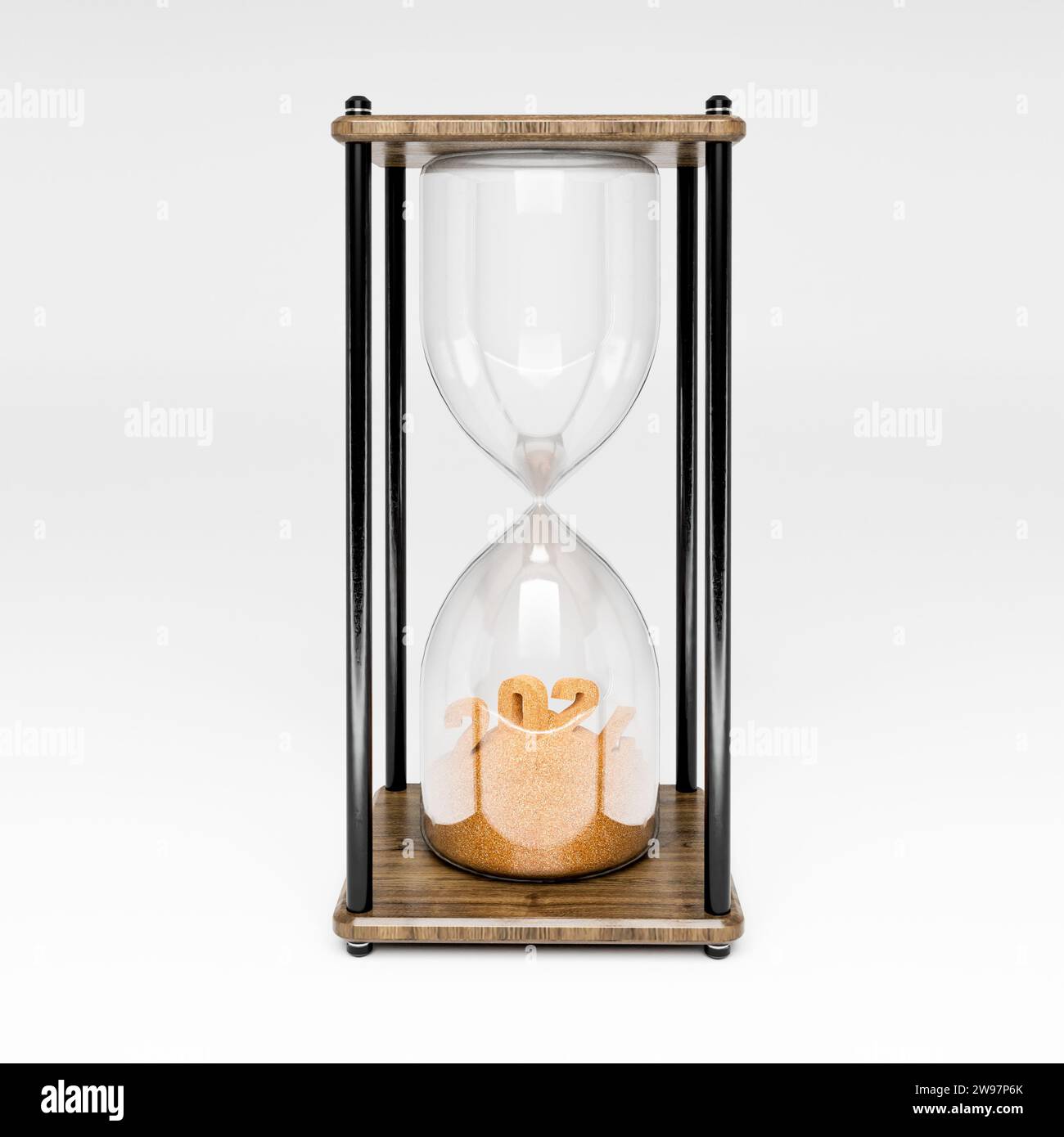 Sand watch 2025. Happy New Year. Greeting card template. 3D rendering