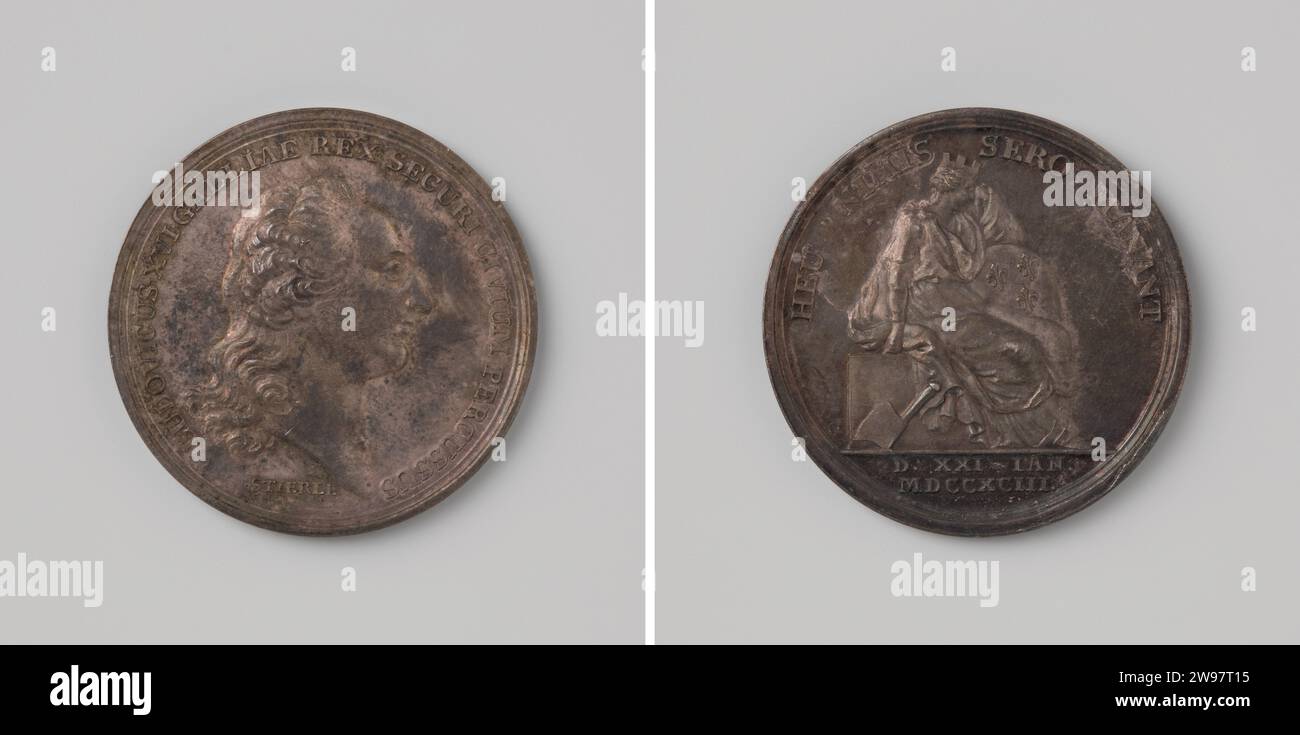 JOVER OF LODEWIJK XVI, Johann Jakob Gottfried Stierle, 1793 history medal Silver medal. Front: breastpiece man inside change. Reverse: France in the form of crowned woman on square block, while she dries her tears with handkerchief; Against her state of the coat of arms and against block an ax within the change; Cut: Dating. Berlin silver (metal) striking (metalworking)  Paris Stock Photo