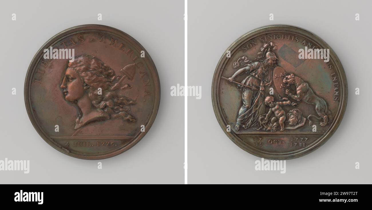 Libertas Americana: Independence of the United States of America, Augustin Dupré, 1783 history medal Bronze medal. Front: breastpiece woman, behind it freedom hat on lance within Koverschrift. Reverse: Herkules squeezes two snakes, while France, depicted as a helmeted woman with lance and lily shield attack by predator is rejecting within Covering; Cut: Date Paris bronze (metal) striking (metalworking)  United States of America Stock Photo